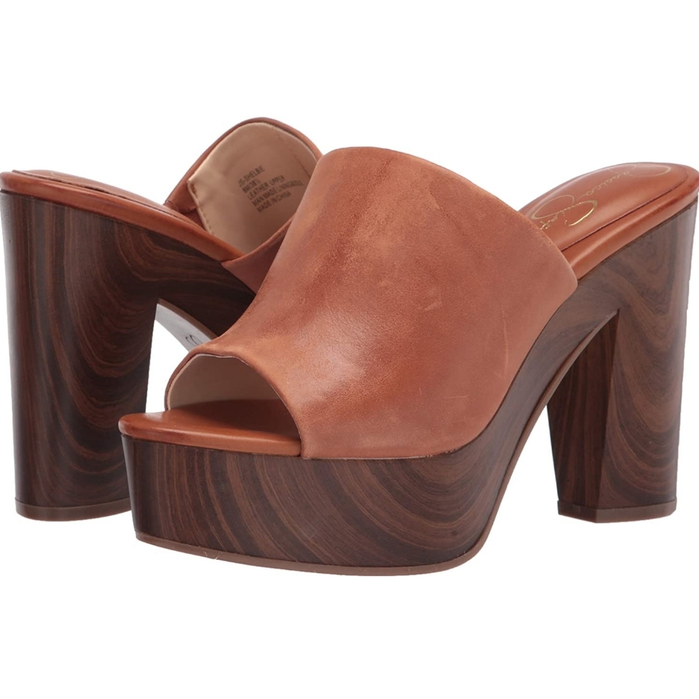 Jessica Simpson Shelbie tan caramel leather platform block heel slip on mule 7.5